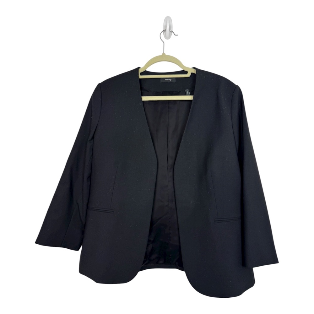 Theory Open Front Collarless Blazer Wool Blend Italian Fabric Black Size 12